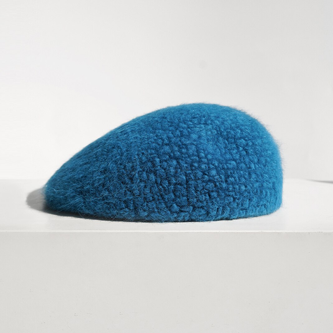 Luna&amp;Dolphin Women Fine Wool Hairy Berets Pumpkin Peacock Blue Knitting Artist Cap Winter Warm Mocha Painter Beanie Hat: peacock blue