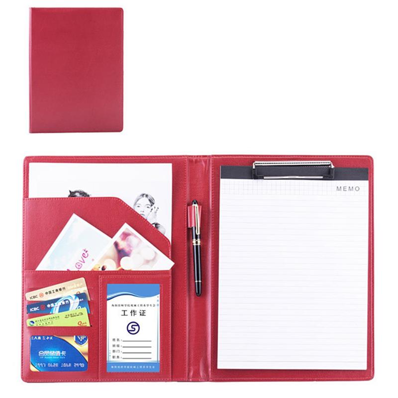 A4 PU Leather File Folder Multifunction Office Supplies Organizer Manager Document Pads Briefcase Padfolio Bags (Excluding Pen): Red