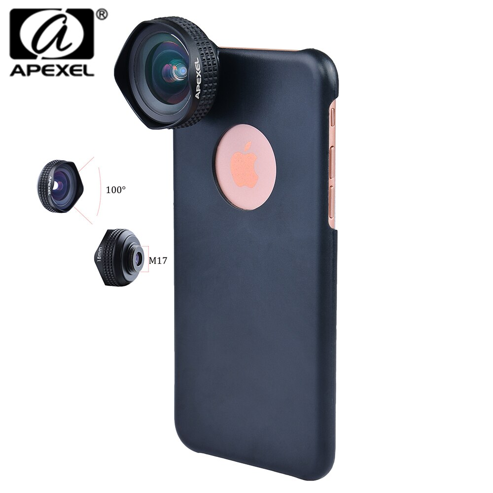 Apexel Optic Pro Lens-Kit de lente de cámara para teléfono móvil, lente de gran angular de 100 grados, alta claridad, para iPhone X, 8, más, smartphones, 18MM