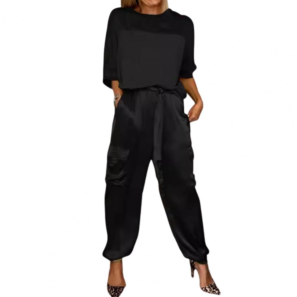 Women Two-piece Set Three-quarter Sleeve Suit Satin Women's Top Pants Set Lace-up Waist Women Casual Patchwork Suit: M / Red