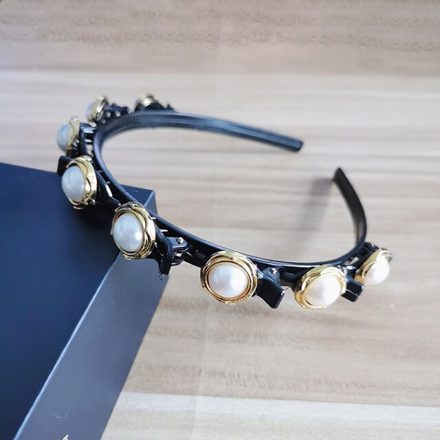 Bandas para el pelo de doble capa para mujer, bandana de pelo antideslizante hecha a mano con Clip de perlas, diadema trenzada de plástico a la , horquilla para peinado: Golden