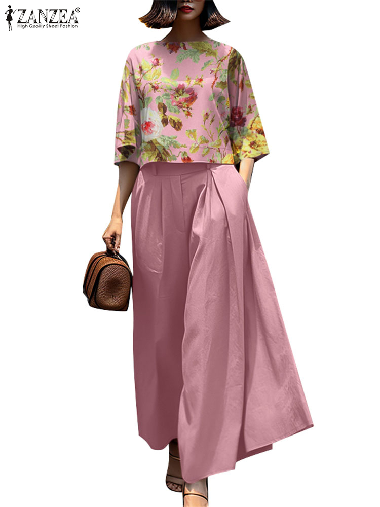 ZANZEA Summer 3/4 Sleeve Printed Blouse Trousers Suit 2PCS Outfits Women Matching Sets Wide Leg Pant Sets