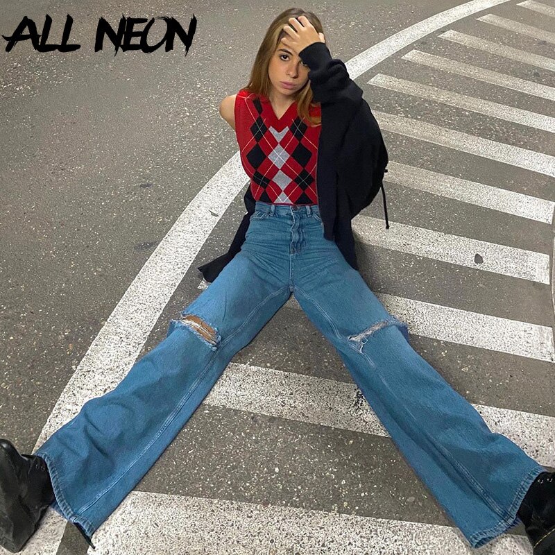 ALLNeon Y2K High Waist Ripped Jeans Vintage E-girl Aesthetics Hole Wide-leg Baggy Pants 90s Streetwear Denim Trousers