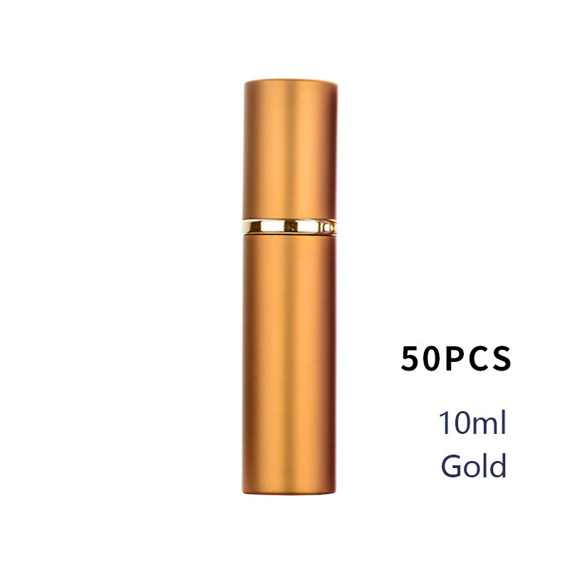Gratis logo op maat, 10 ml lege draagbare glazen parfumflesjes met aluminium omhulsel, navulbare cosmetische etui.: 50 stuks goud