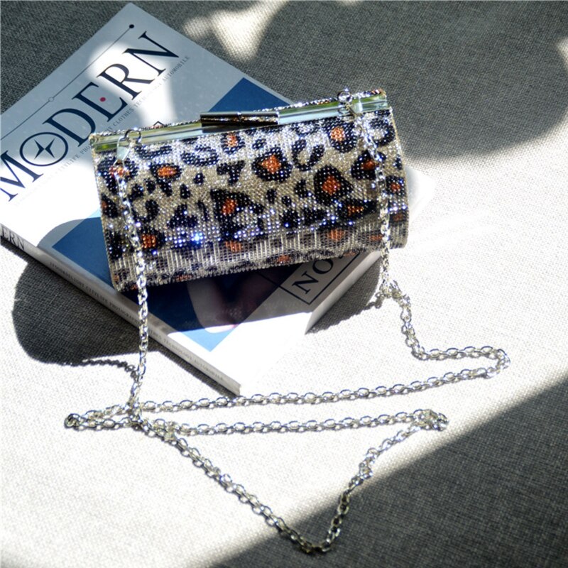 Leopard Rhinestone Chain Mini Evening Shoulder Bag for Women Cans Wedding Party Clutch Purse Handbag