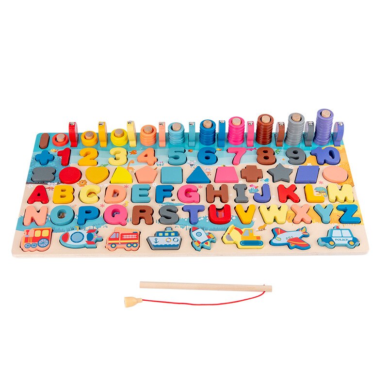 Zeven-In-een Houten Puzzel Blokken Digitale Verkeer Cognitie Speelgoed Voor Kinderen Magnetische Fishing Game Educatief Speelgoed