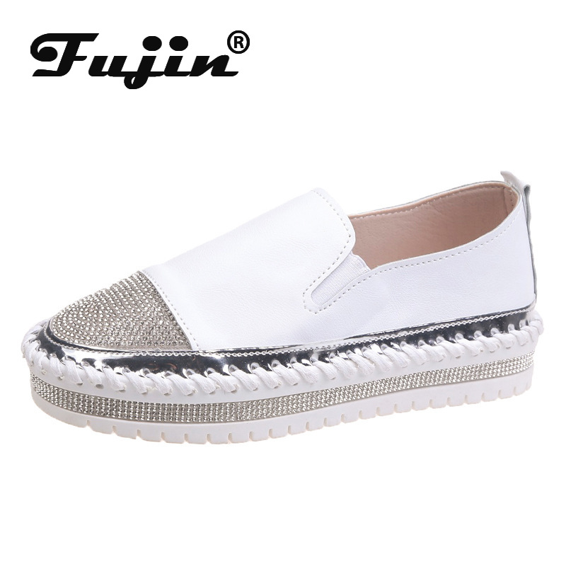 Fujin blanc chaussures décontractées femme nouvelles chaussures printemps chaussures fond épais respirant strass plat femmes chaussures simples