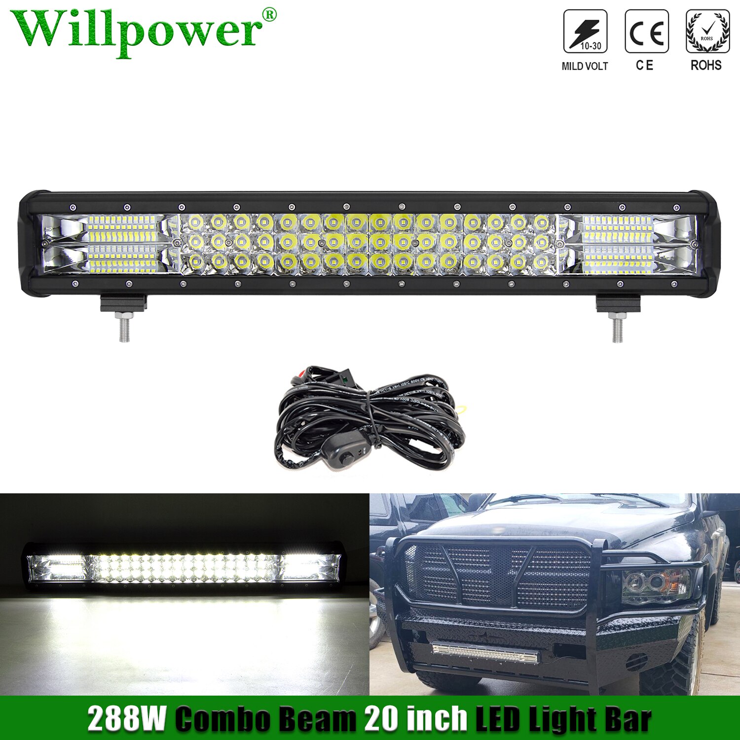 4x4 Truck Bullbar Tri-Row 288W 20" LED Light Bar For Jeep Polaris RZR UTV SUV 4WD Pickup Spot Flood LED Bar Fog Driving Lamp