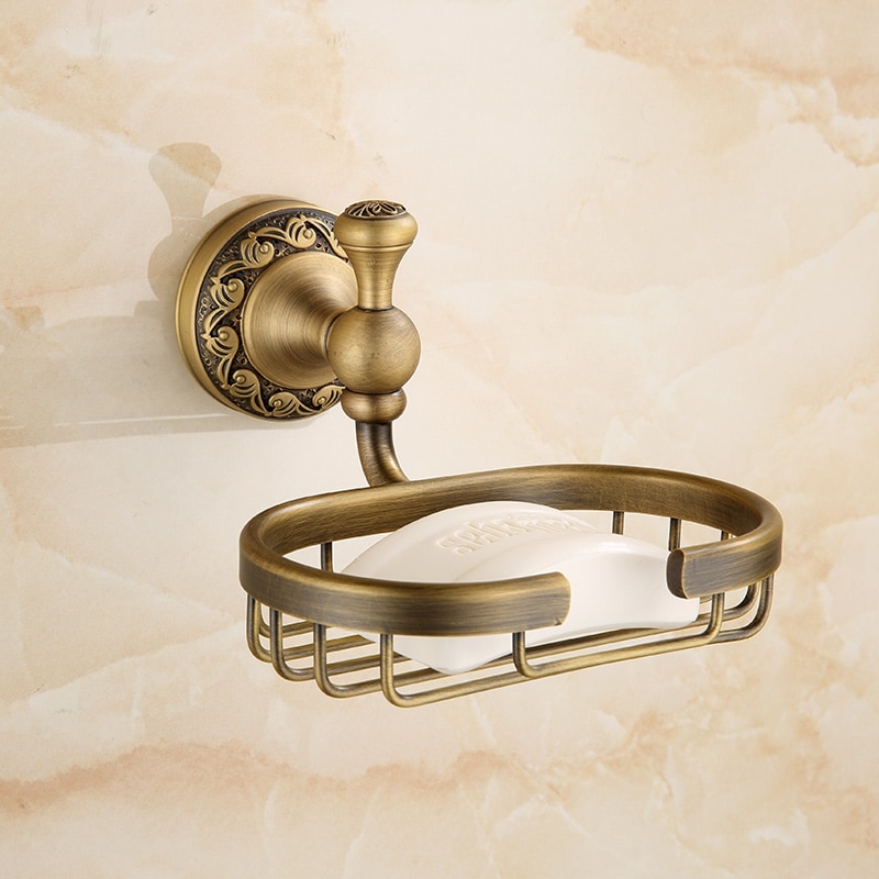 700Brass Soap Dish, Bathroom Shower Soap Holder, Vanity Wire Storage Basket, Wall Mount / Free Standing, Antique Brass Color