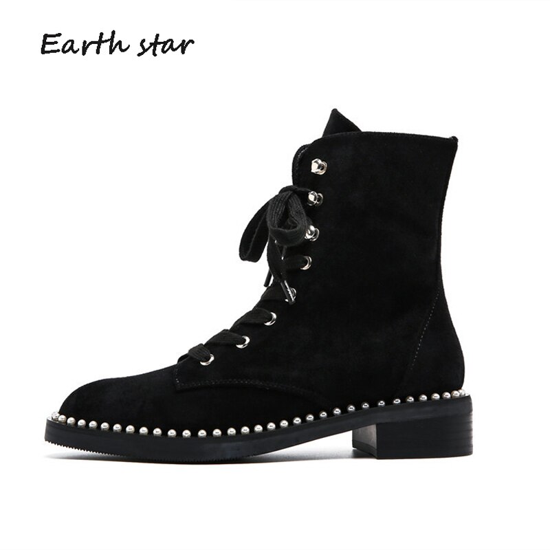 Herfst dames botas mujer klinknagels herfst schoenen dames martin boots parel merk dames schoenen kruisband enkellaarsjes: Zwarte kudde / 7.5