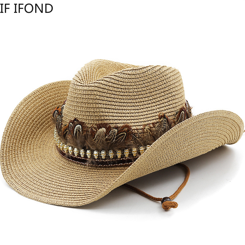 Hand Made Straw Western Cowboy Hat For Women Men Summer Curling Brim Beach Sun Hats Panama Cowgirl Jazz Cap