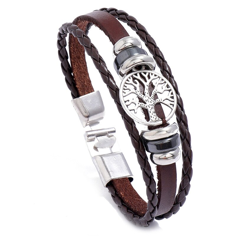 Multilayer Bracelet Men Casual Braided Leather Bracelet For Women Charm Life Tree Bracelet Punk Rock Men Jewelry: Brown