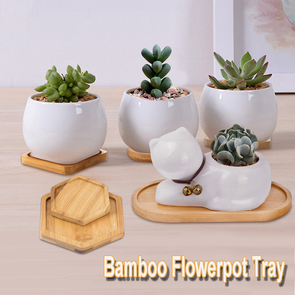 1PC Simple Bamboo Wood Tray Round Square Hexagon Flowerpot Base Pot Stander Succulents Bonsai Holder Home Decor Gardening