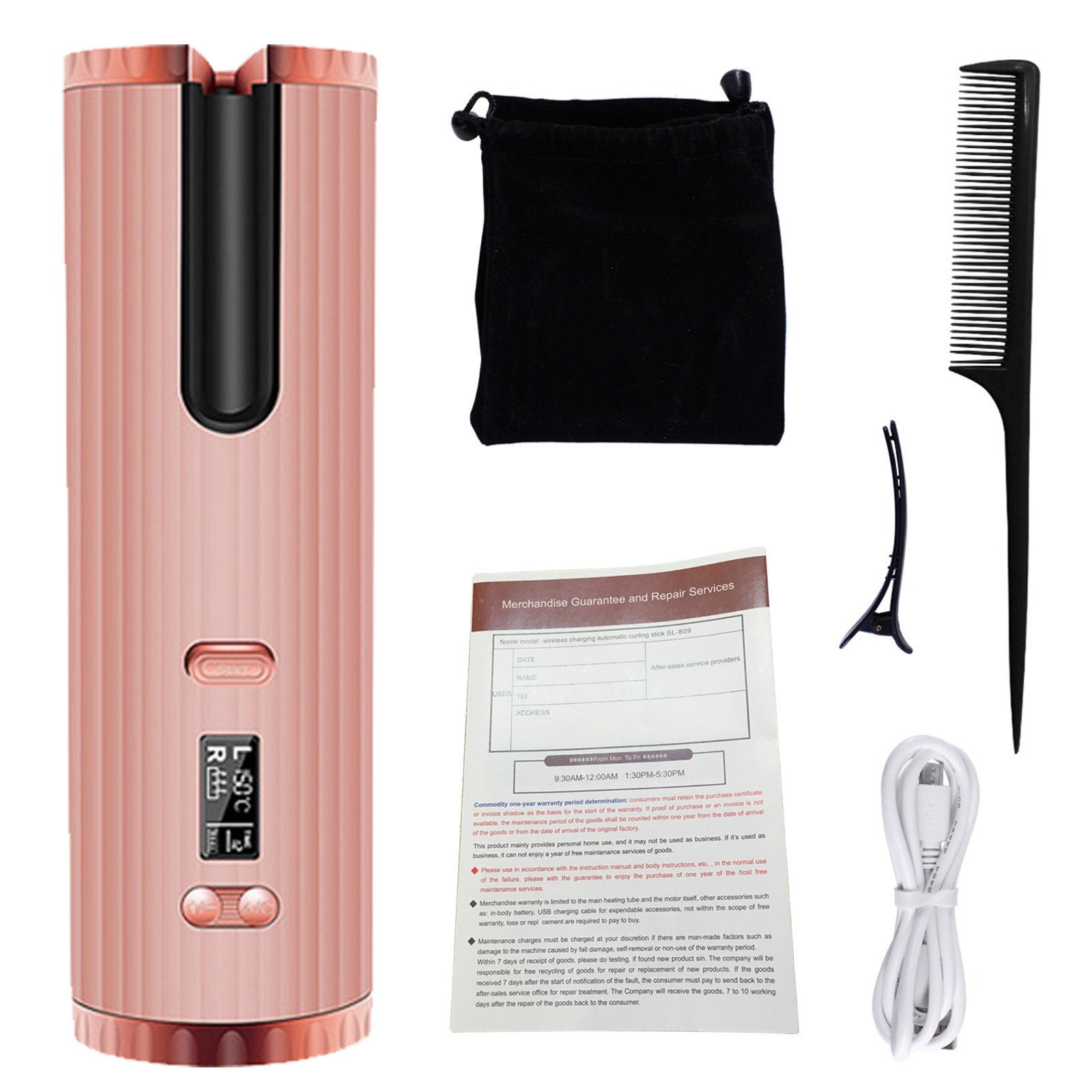 Cordless Automatic Hair Curler Portable Rechargeable Hair Curling Wand Roller Iron with 3 Temperature Settings Timer LCD Display: Pink