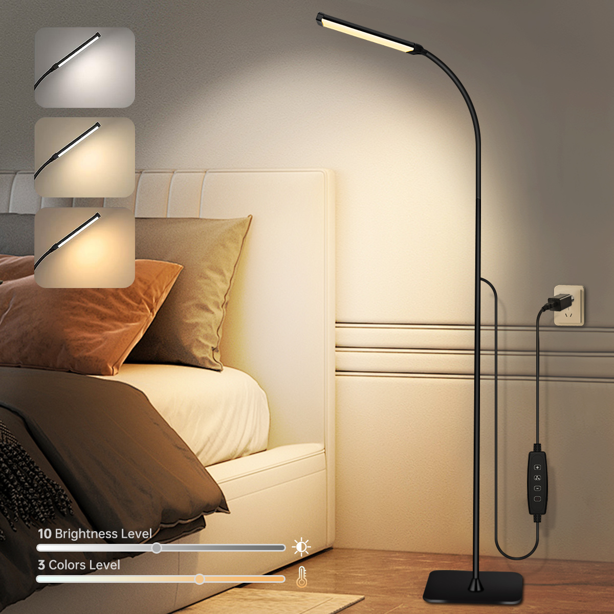 Lampe de lecture autoportante à col de cygne, flexible, avec 3 modes de documents, 120 K-3000K, 10 réglages de luminosité, 6000