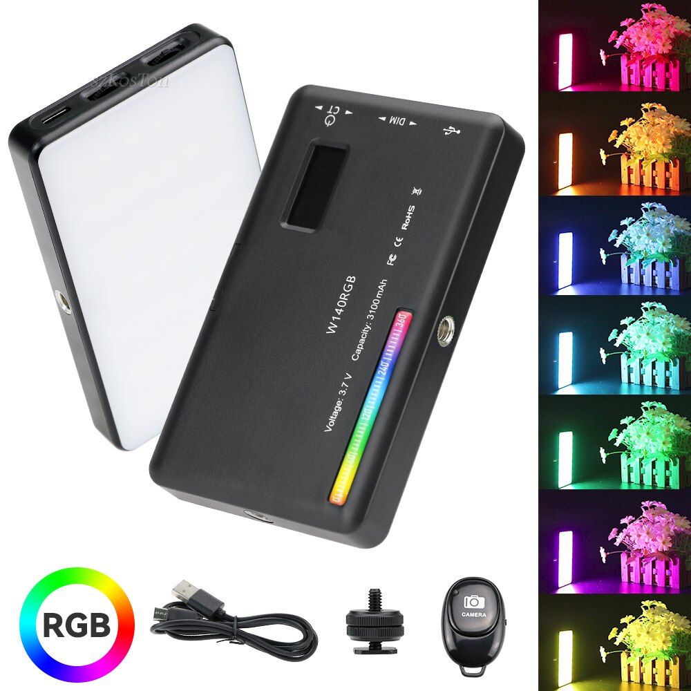 W140 RGB LED Video Light Photo Studio Photography Lamp 0-360° Full Color 2500 to 9000K 8W 3100mAh Dimmable Pocket Panel Lights