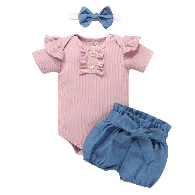 Baby Meisjes Driedelige Kleding Set, Ronde Kraag Korte Mouw Romper, Shorts En Hoofdtooi, blauw/Zwart