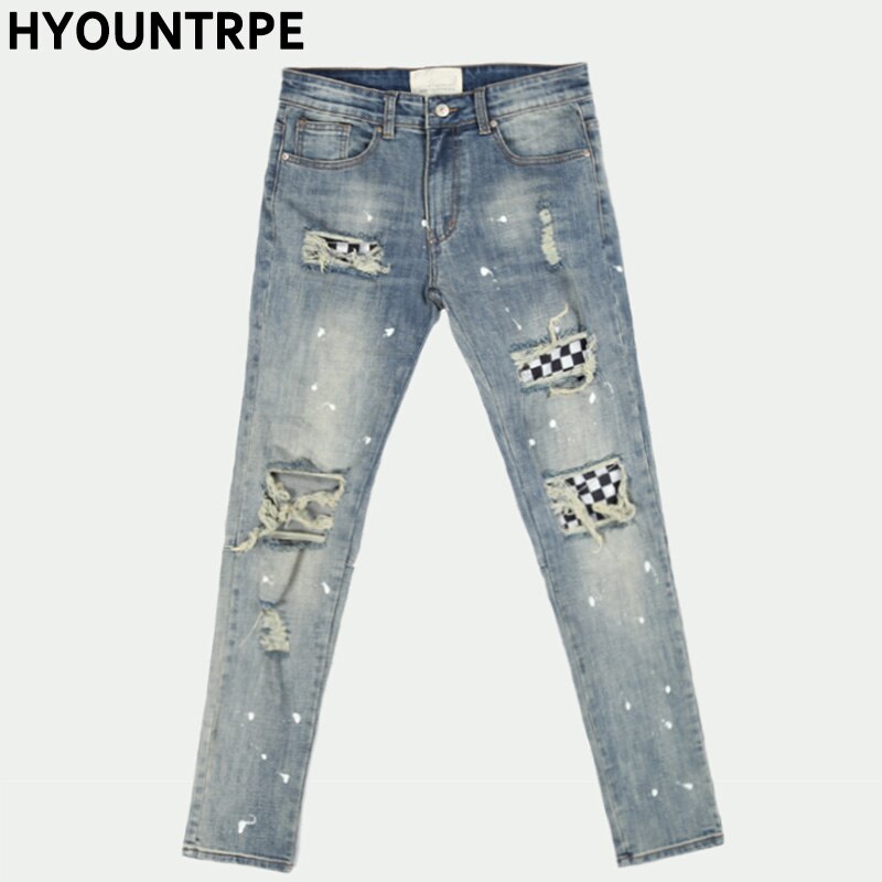 Pantalones vaqueros a la para hombre con agujeros en la rodilla de retazos a cuadros rasgados nuevos pantalones con cremallera Hip Hop: 34