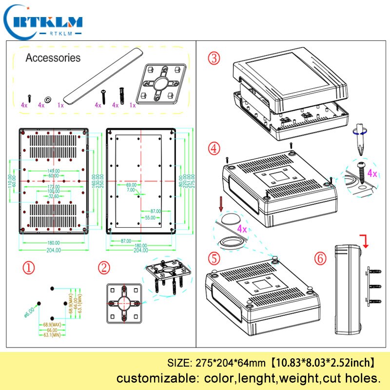 Wall mount plastic housing for electronics abs plastic project case diy junction box plastic instrument enclosure 275*204*64mm