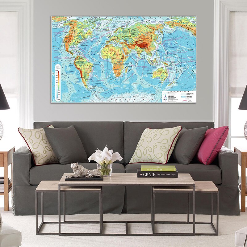 150*90cm Geographic Map of The World Wall Poster Smelless Canvas Painting for Travel Souvenir Home Decoration In Russian