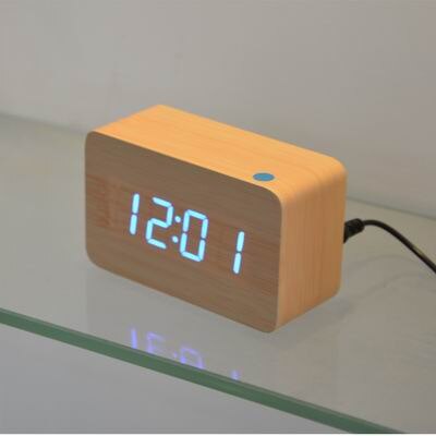 Fibisonic Houten Wekkers Met Thermometer, Geluidsregeling Hout Led Klokken, Digitale Bureau En Tafel Klok: bamboo white blue