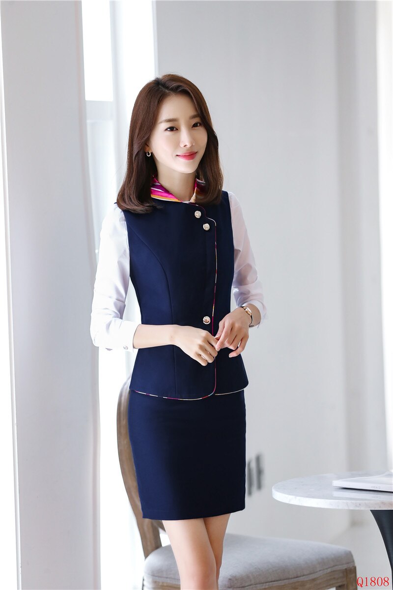Formal Two Piece Women Business Suits with Skirt and Tops Sets Work Wear Ladies Waistcoat & Vest Navy Blue