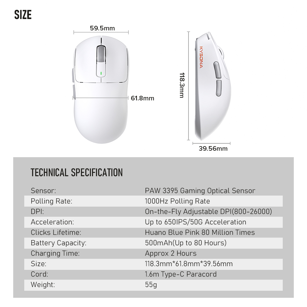 Kysona M600 PAW3395 Weiß Wireless Gaming Esports Maus 55g 26000DPI 6 Tasten Optische PAM3395 Computer Mäuse Für Laptop PC