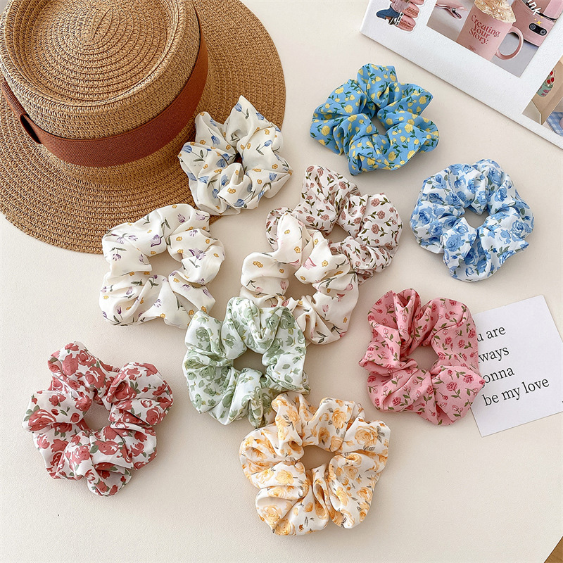 Scrunchies con estampado Floral coreano para mujeres y niñas, lazos para el cabello, diadema de rosa de tulipán, cuerda para el cabello, accesorios para el cabello, soporte para cola de caballo