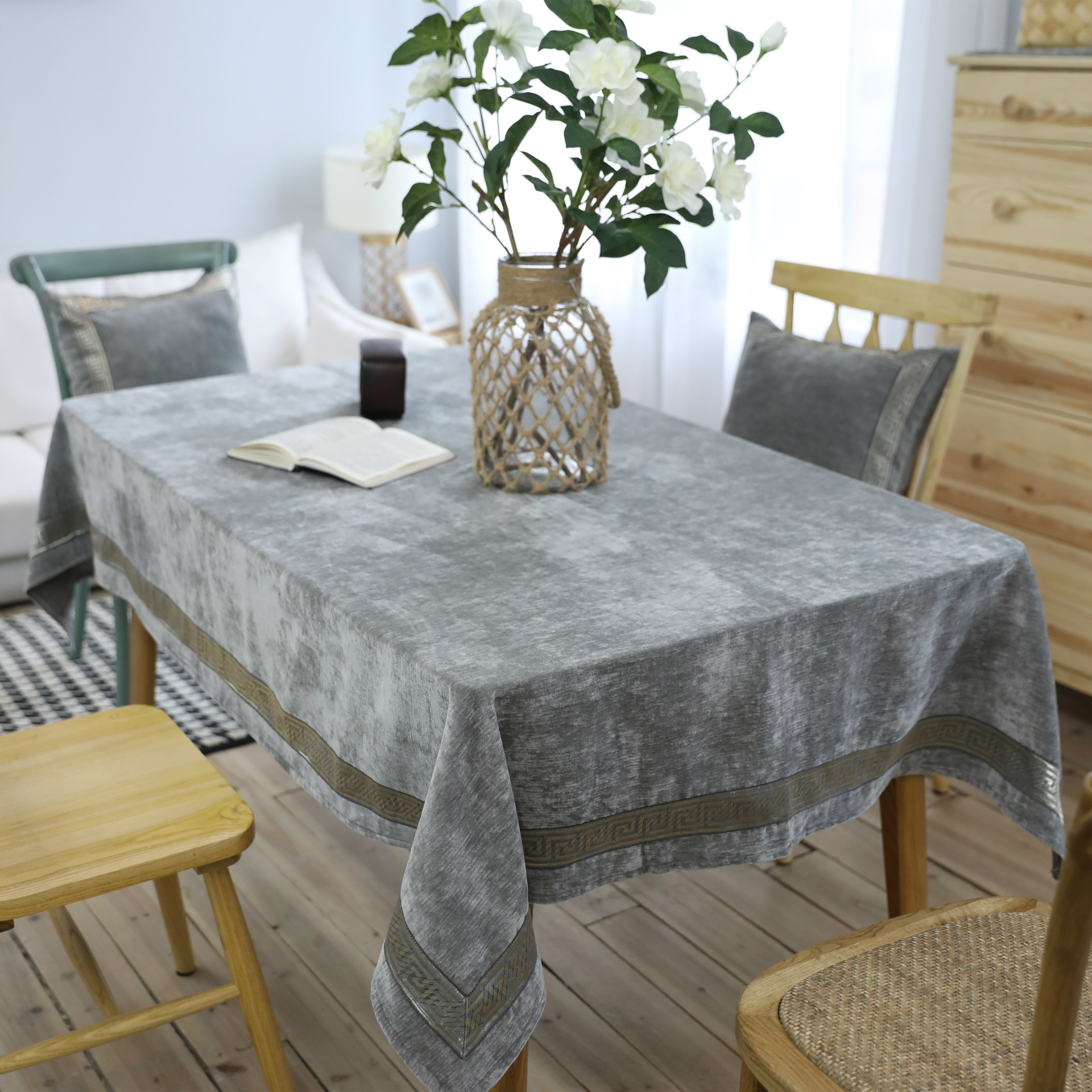 Europæisk stil klud grå til rektangulært borddæksel til fester duge firkantet til hjemmebryllup borddekoration