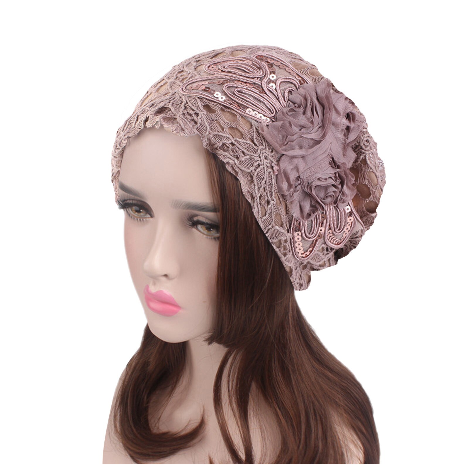 Lady Lace Muslim Ruffle Hat Beanie Scarf Turban Head Wrap Cap Hat Ethnic Style Lace Sequined Large Flower Ear Cap