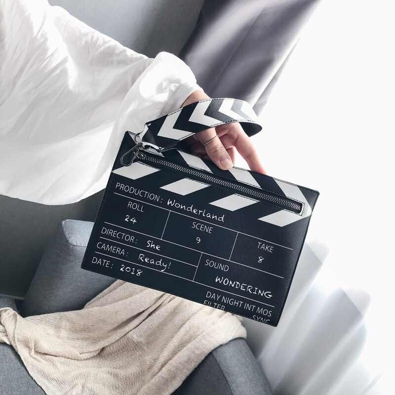Svart och vit filmrekvisita pu läder casual kvinnors clutch kuvertväska kvinnor axelväskor crossbody messener bag