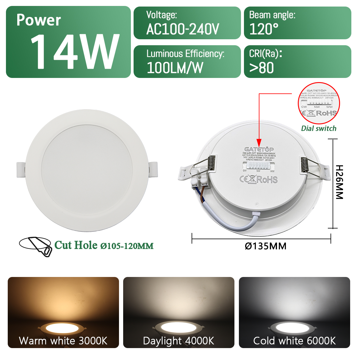 2 uds foco LED empotrable Dial Swich CCT luz de techo ajustada de 3 colores AC 120V 220V 3000K 4000K 6500K iluminación interior: orange