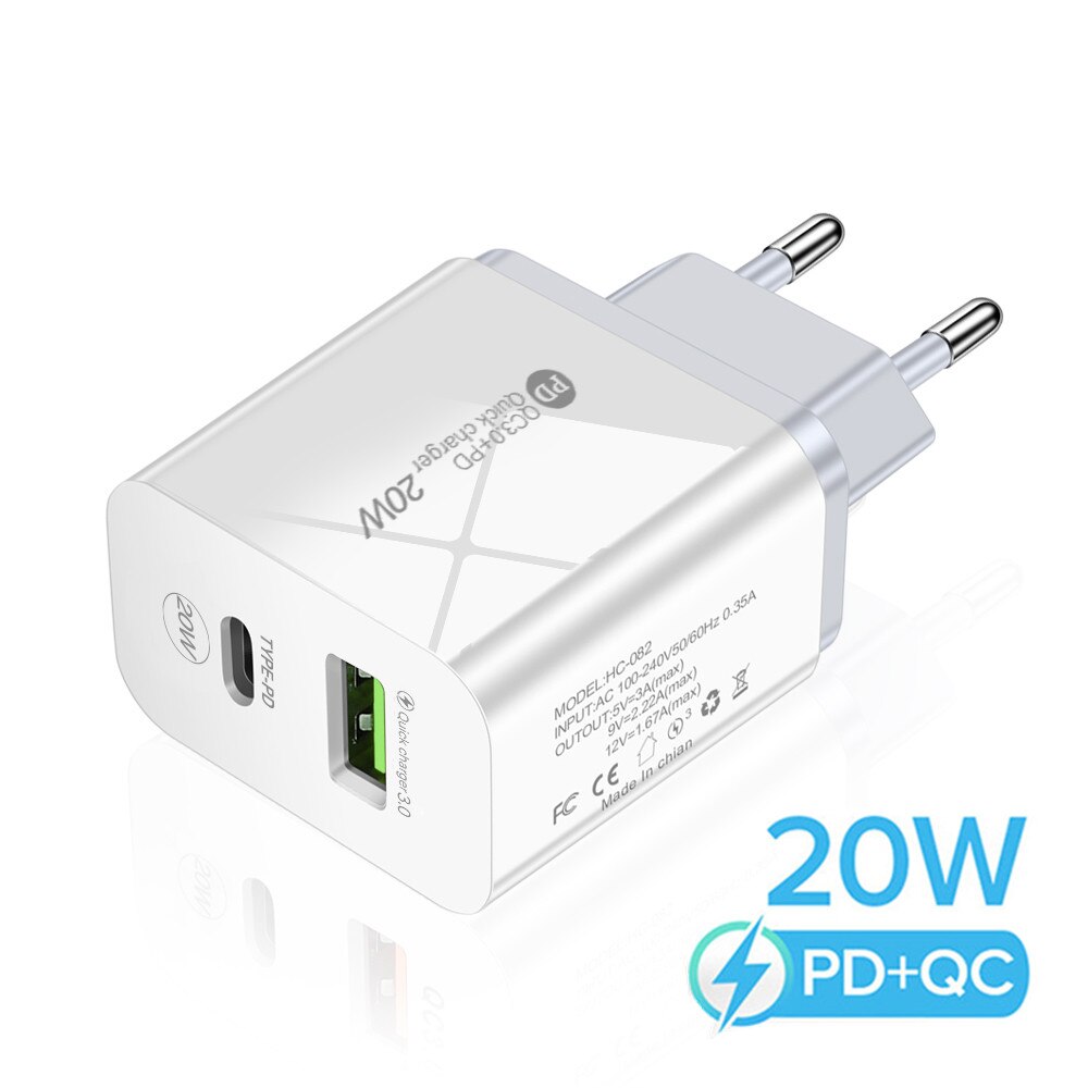 PD 20W ładowarka USB C QC + PD 2 Port LED szybka ładowarka ścienna do telefonu iPhone 13 12 Huawei Xiaomi Samsung szybka ładowarka: White EU