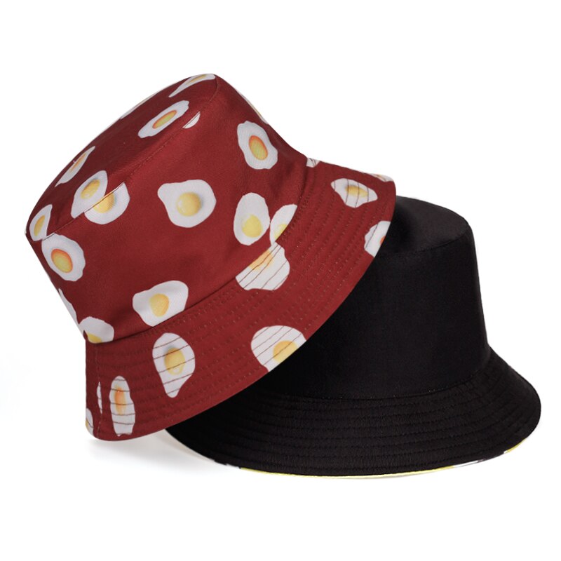 Neutrale fruit bedrukte vissershoed heren outdoor reis zonnehoeden dubbelzijdig draagbare zomerhoed panama emmerhoed: Wijnrood ei