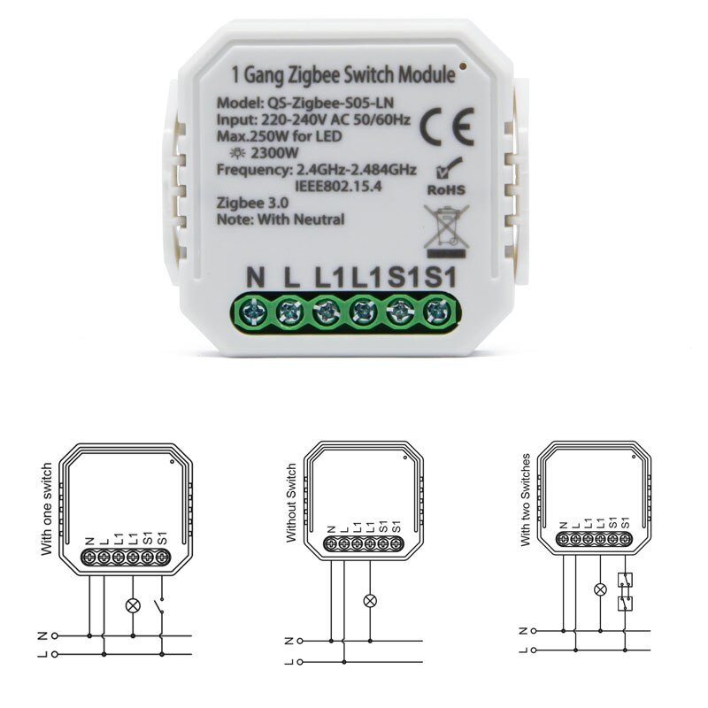 Tuya ZigBee 3.0 Smart Switch Module With/ No Neutral 2 Way Wireless Control Switch Relay Support Zigbee2MQTT Work with Alexa: QS-Zigbee-S05-LN