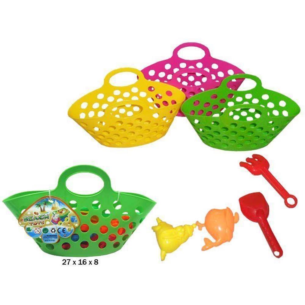 Set Strand Mand Met Schop, Hark En Mallen 3 Kleuren Sdo. 27X16X8 Cm (Tak-7930)