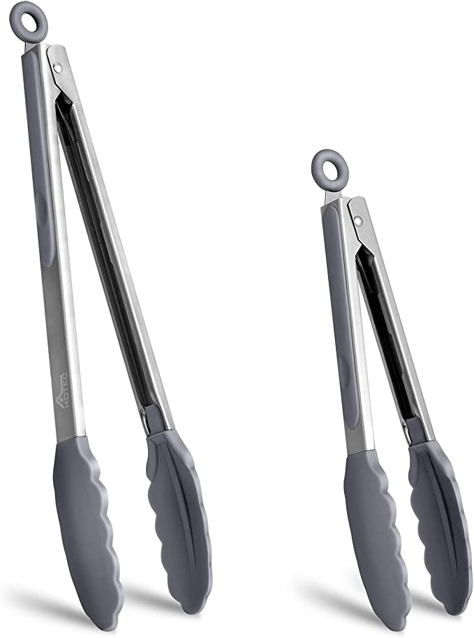 Hotec Premium Stainless Steel Locking with Silicon Tips Food Grade Silicone Tong Bread Serving Kitchen Tools BBQ