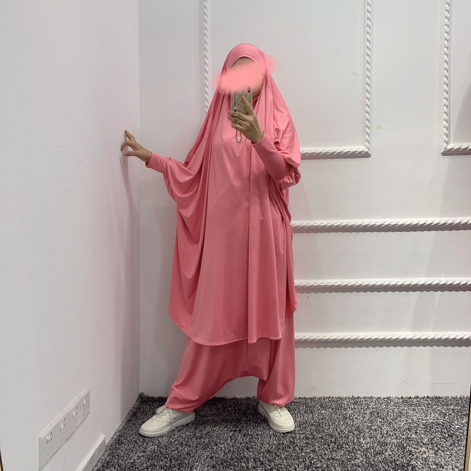 Muslim Macthing Outfit Dress Abaya 2pcs Set Women Jilbab Khimar Hijab Islamt Prayer djellaba femme Niqab Turkey Dubai Clothing: Pink