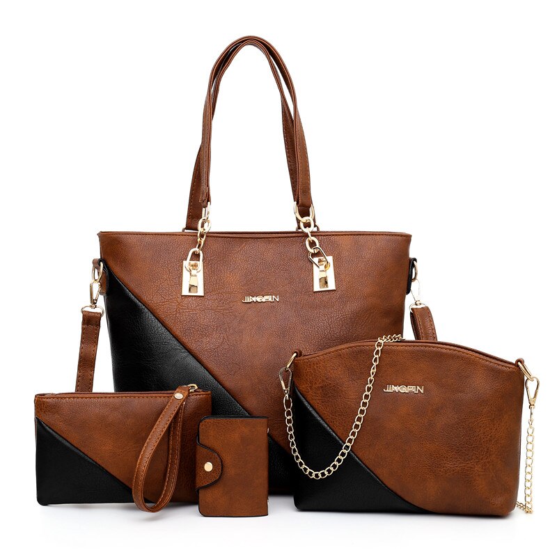Stor kapacitet kvinder pu læder håndtasker muleposer damer 4 dele sæt skuldertaske luksus crossbody taske: Brun