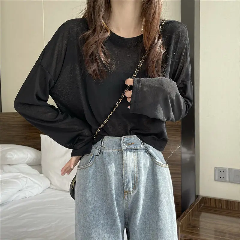 Top corto fino de manga larga para mujer, blusa de seda de hielo con protección solar, Tops blancos sueltos, coreana, camiseta Y2k para exponer el ombligo: M / Azul cielo