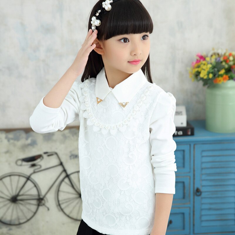 Autumn girls blouse children clothes school girl blouse cotton lace child shirts blusas kids clothes pink white 3-14Y