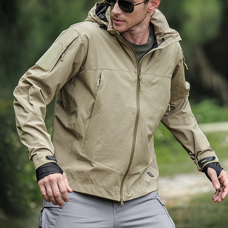 Outdoor Waterproof Soft Shell Hooded Jacket Spectre Hoodie With 7 Zipper Pocket Warm Breathable Lightweight YA88: khaki