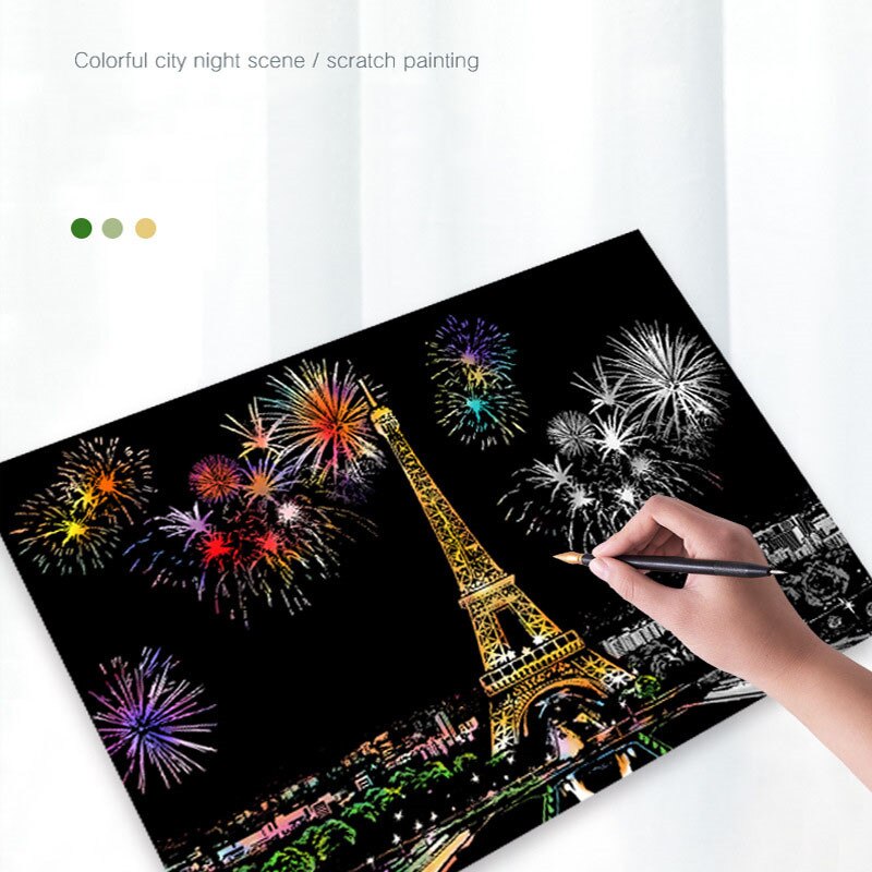 Diy Handleiding Schrapen Schilderij Grote 75*52Cm Reel Wereldberoemde Lanscape Building Night View Kras Schilderen Papier tekening Speelgoed
