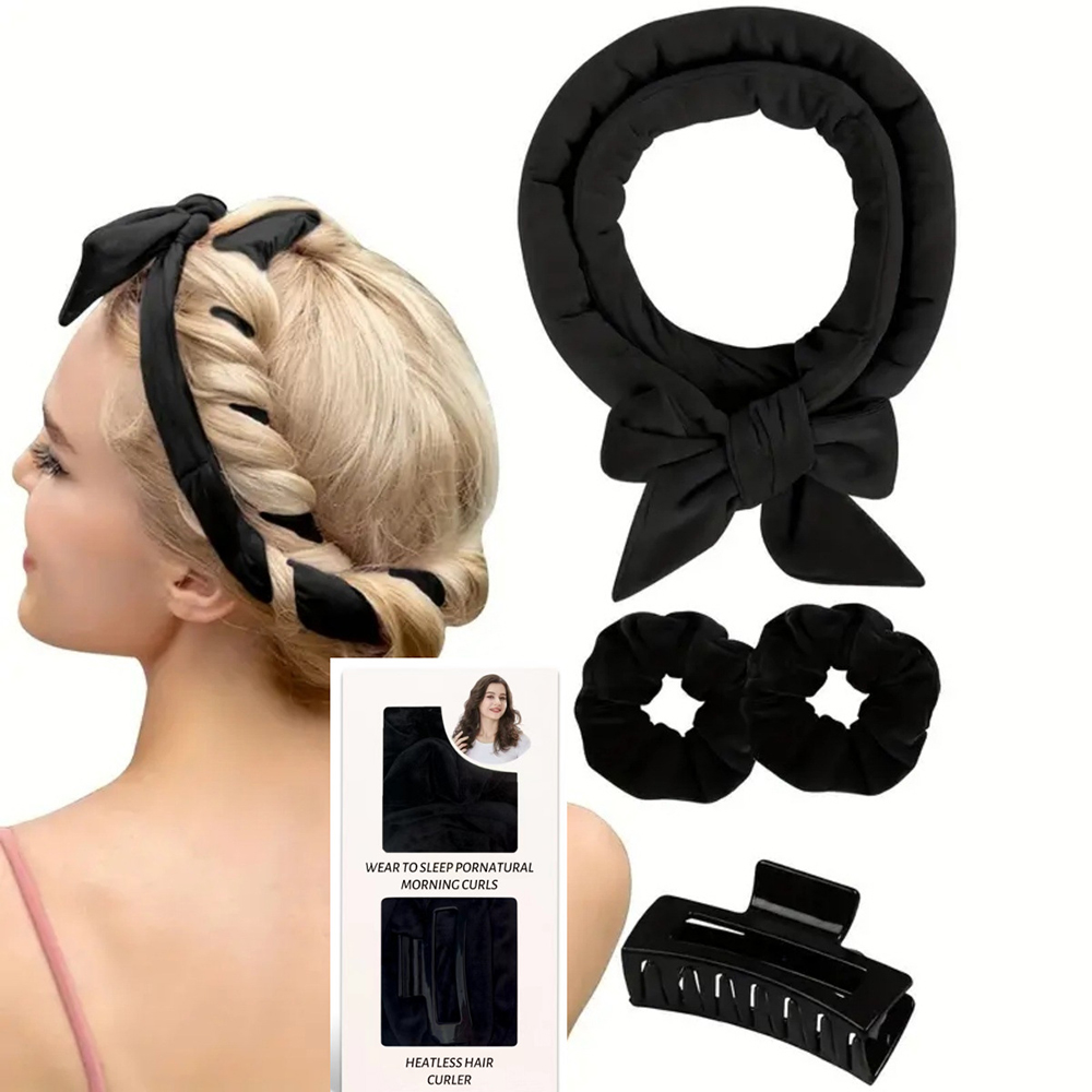 Heatless Curling Rod Headband For Long Hair Overnight Curlers to Sleep In 61" Hair Rollers Soft Cotton Velour Hair Rollers: Black