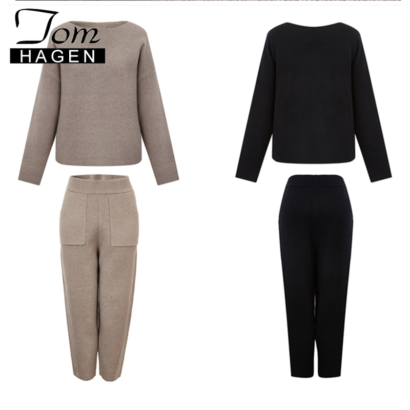 Tom Hagen Autumn Women Suit Warm Cashmere Sport Suit Sweater Two Piece Knitted Set Casual Tracksuit Jogger Set Sweatsuit