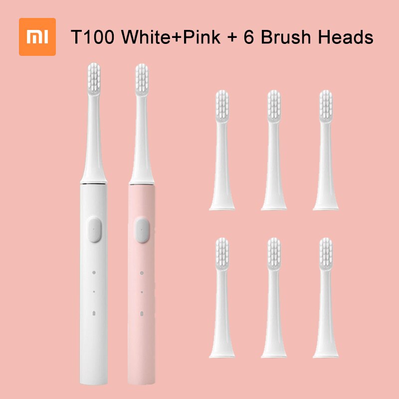 XIAOMI MIJIA Sonic Electric Toothbrush T100 IPX7 Waterproof Rechargeable Toothbrush Adult Ultrasonic Automatic Tooth Brush: White Pink 6 brushes