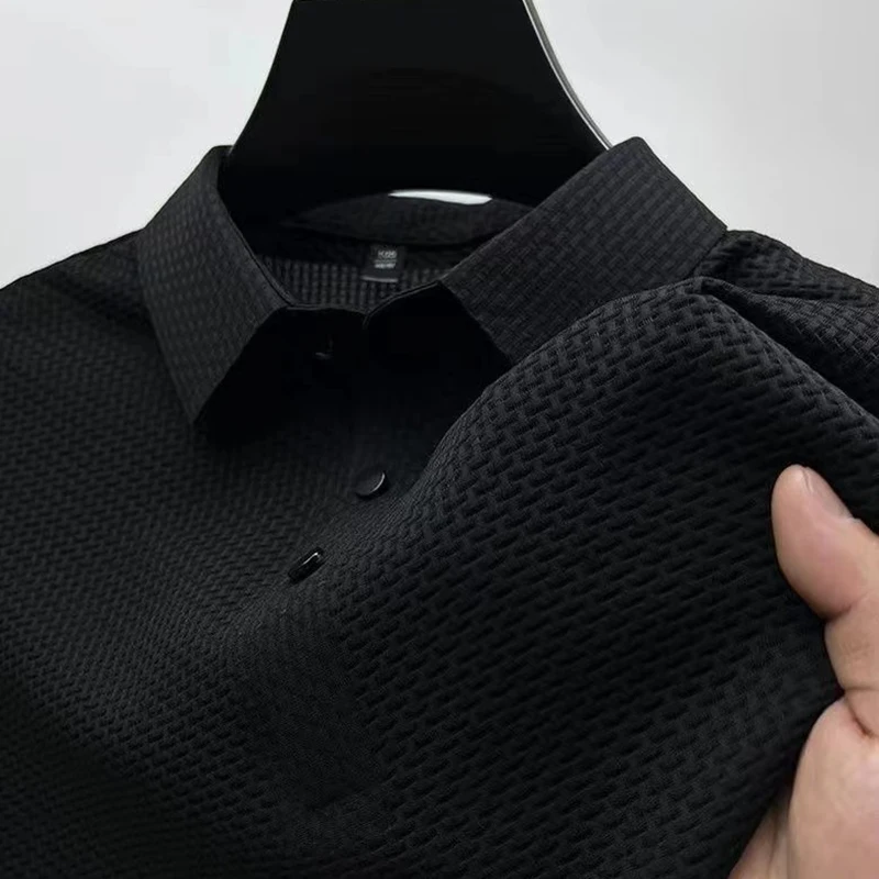 Nueva camisa POLO de Color sólido con flores de hueso de manga corta informal de negocios para hombre, Top versátil cómodo y transpirable a la para verano: XXL / Negro