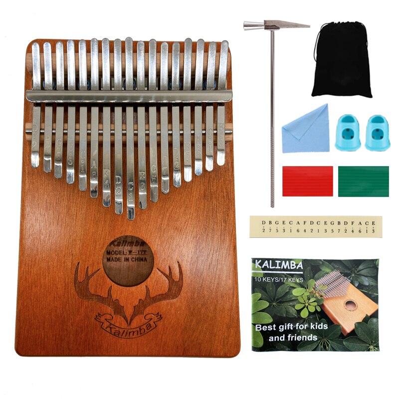 Kalimba tommelfinger klaver 17 nøgler, bærbar mbira finger mbira m / beskyttelsesetui, hurtigt at lære sangbog, tuning hammer, alt i et sæt: Gevir