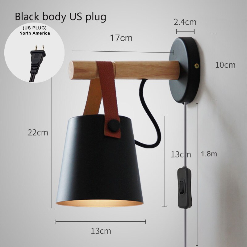 Nordic Hout Wandlampen Slaapkamer Naast Led-verlichting Zwart & Wit Moderne E27 Wandlampen Led Restaurant Bar Verlichting E27 ZBD0016: A Style BlackUS plug