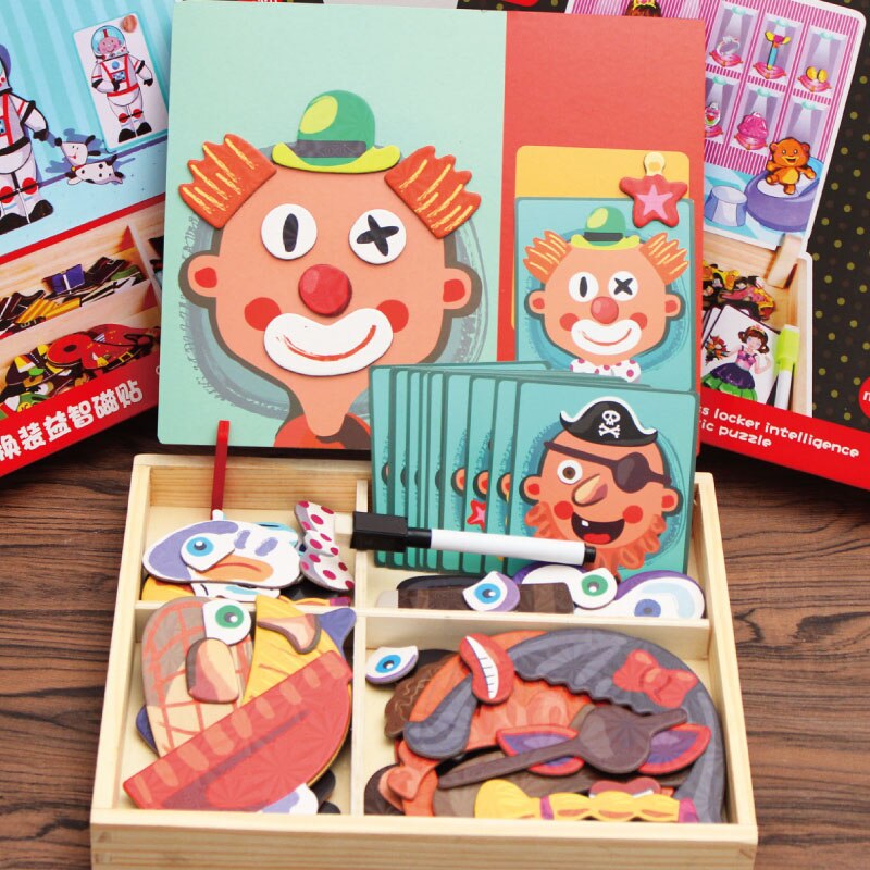 Kids Wooden Puzzles Educational Toys Animals/ Vehicle /Circus Drawing Board Magnetic Puzzle Wood Toy For Kids